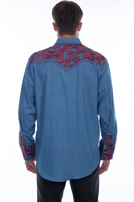 Scully Mens Blue/Cranberry Polyester Tooled Floral L/S Shirt