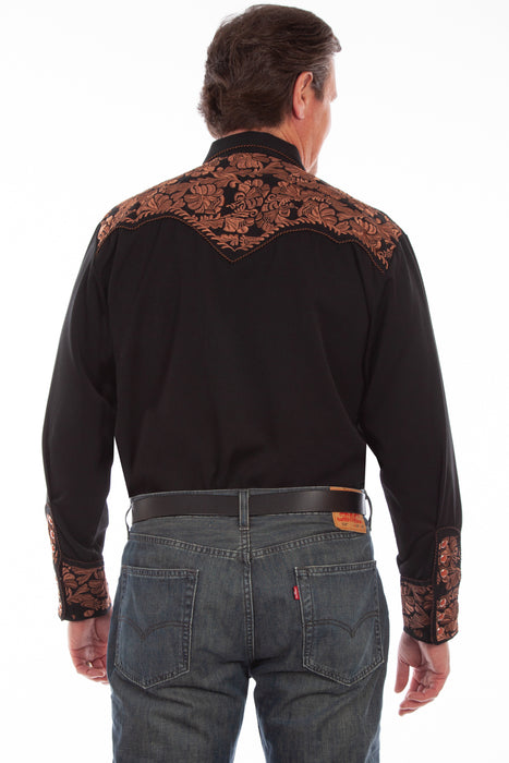 Scully Mens Black Poly/Rayon Tooled Floral L/S Shirt