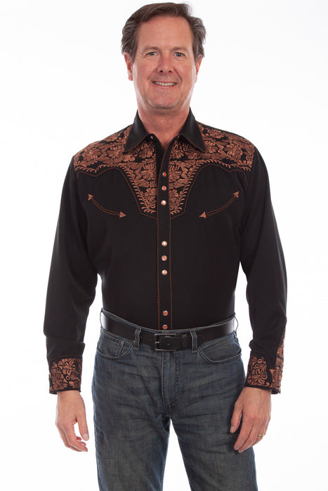 Scully Mens Shirt Western Black Poly Blend Floral Tooled Stitch L/S