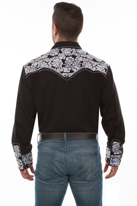 Scully Mens Black/White Polyester Floral Tooled L/S Shirt