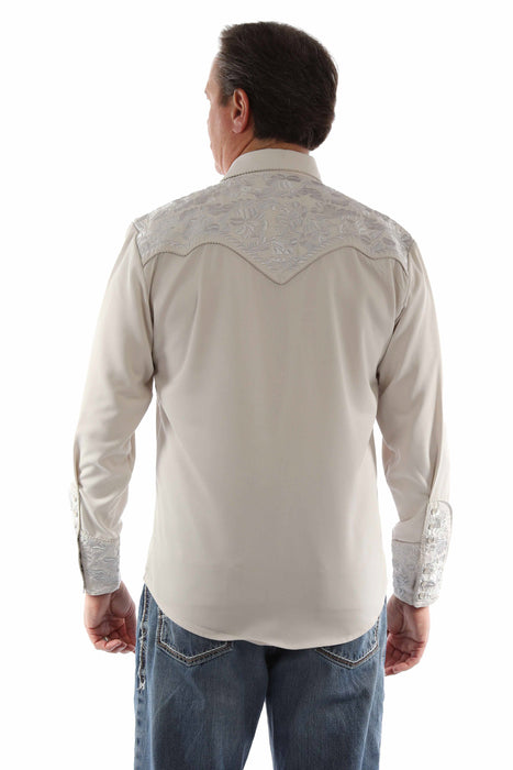 Scully Mens Floral Tooled Embroidery Light Grey Poly/Rayon L/S Shirt