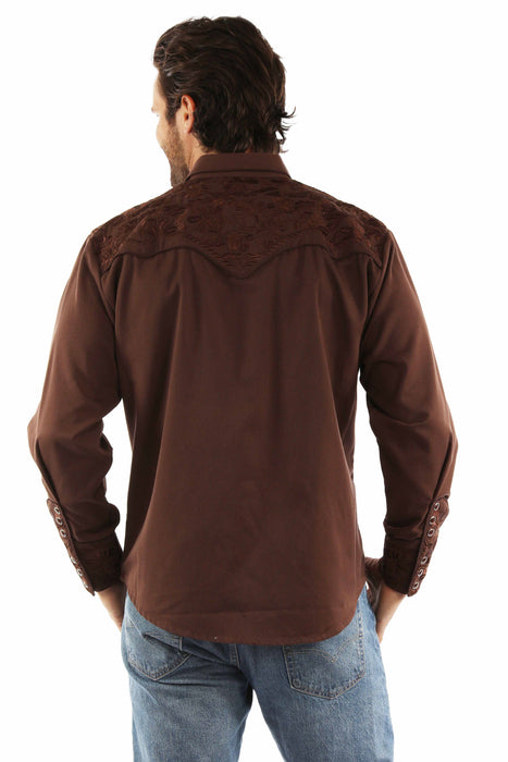 Scully Mens Floral Tooled Embroidery Mocha Poly/Rayon L/S Shirt