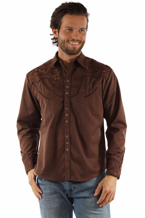 Scully Mens Floral Tooled Embroidery Mocha Poly/Rayon L/S Shirt