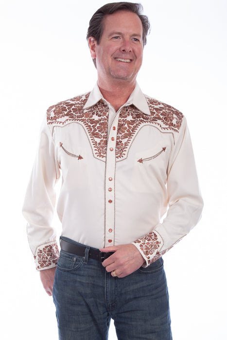 Scully Mens Shirt Western Natural Poly Blend Floral Tooled Stitch L/S