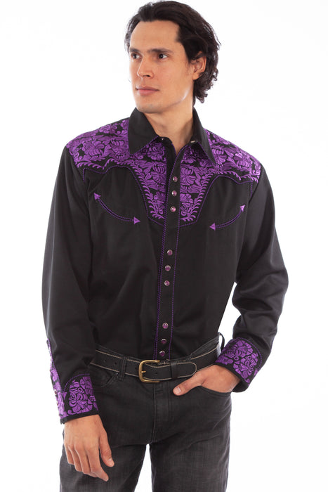 Scully Mens Purple Poly/Rayon Floral Tooled L/S Shirt