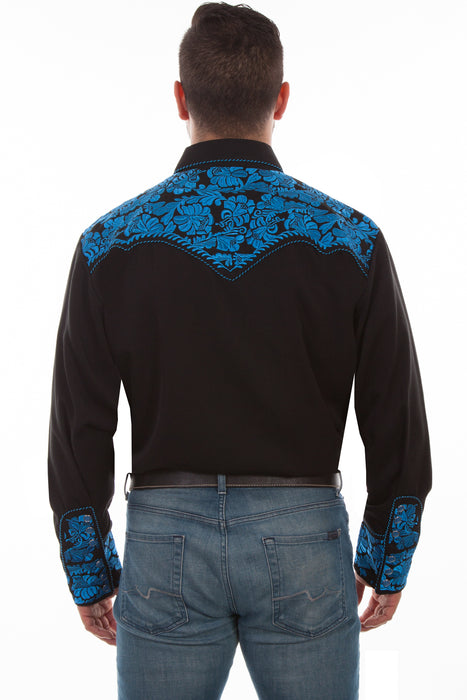 Scully Mens Floral Tooled Embroidery Royal Poly/Rayon L/S Shirt