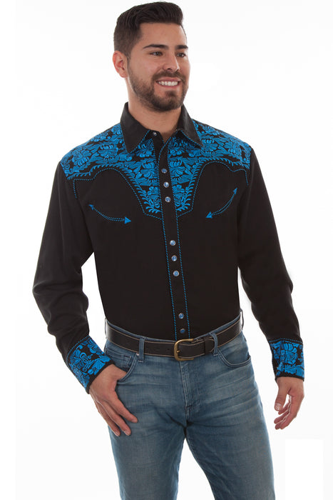 Scully Mens Royal/Black Poly/Rayon Floral Tooled L/S Shirt