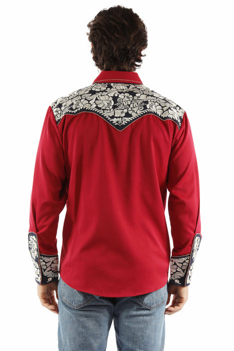 Scully Mens Floral Tooled Embroidery Red/White/Blue Poly/Rayon L/S Shirt