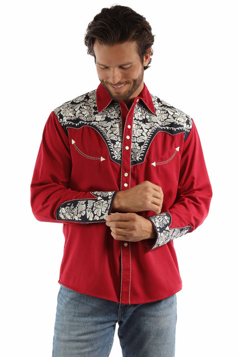 Scully Mens Floral Tooled Red/White/Blue Poly/Rayon L/S Shirt