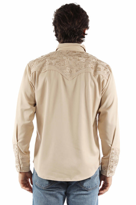 Scully Mens Floral Tooled Embroidery Sand Poly/Rayon L/S Shirt