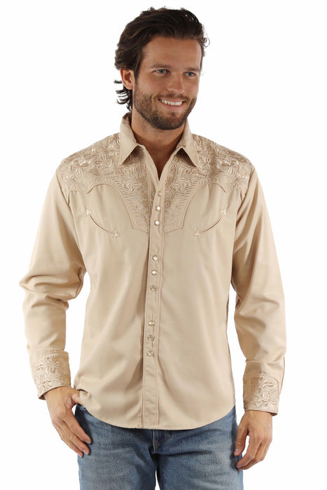 Scully Mens Floral Tooled Embroidery Sand Poly/Rayon L/S Shirt