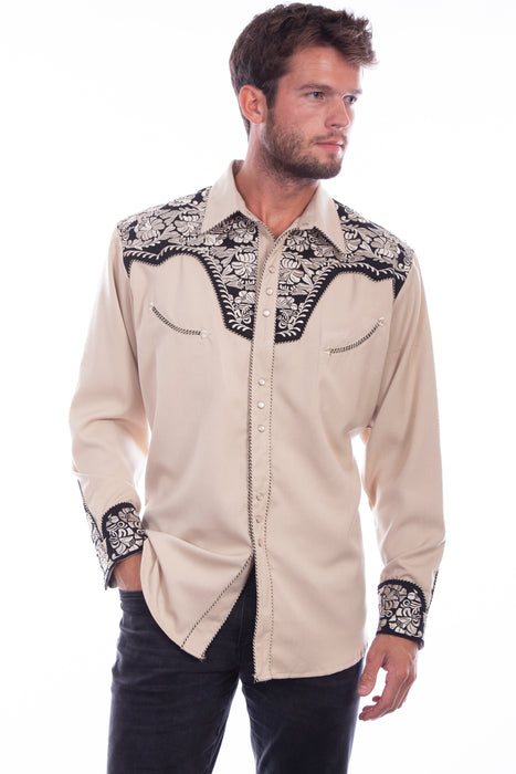 Scully Mens Tan Polyester Floral Tooled L/S Shirt