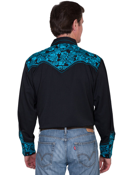 Scully Mens Turquoise Poly/Rayon Tooled Floral L/S Shirt