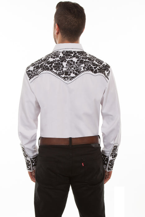 Scully Mens White/Black Poly/Rayon Tooled Floral L/S Shirt