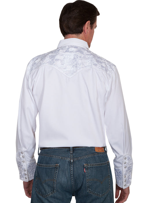 Scully Mens White Poly/Rayon Tooled Floral L/S Shirt