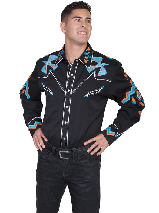 Scully Western Mens Black Polyester L/S Big Phoenix Western Shirt