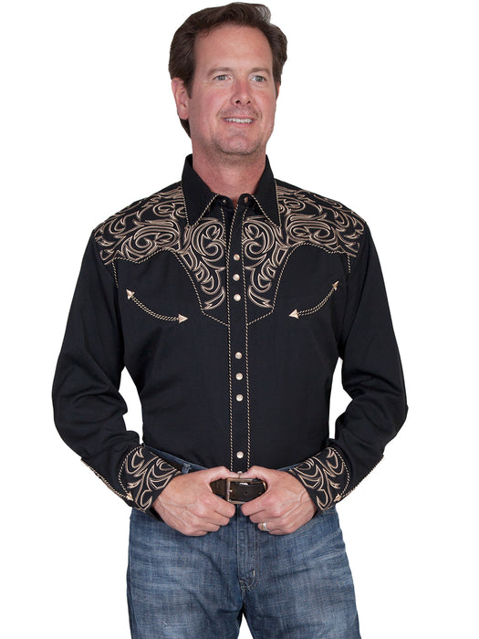 Scully Western Mens Black Polyester L/S Big Scroll Western Shirt