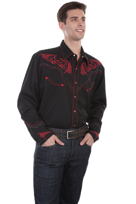 Scully Mens Black Poly/Rayon Red Scroll L/S Shirt