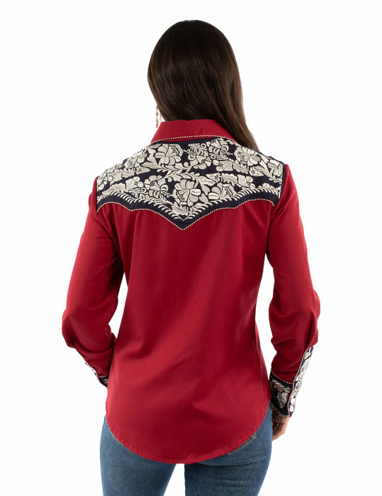 Scully Womens Floral Yoke Embroidery Red/White/Blue Poly/Rayon L/S Shirt