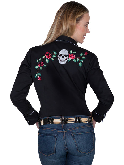 Scully Womens Black Poly/Rayon Skull & Roses L/S Blouse