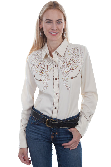 Scully Womens Cream Poly/Rayon Horseshoes L/S Blouse