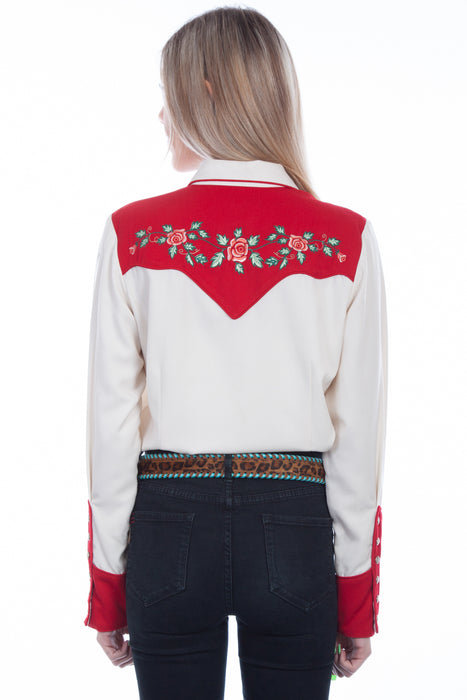 Scully Womens Ivory/Red Polyester Rose and Vine L/S Shirt