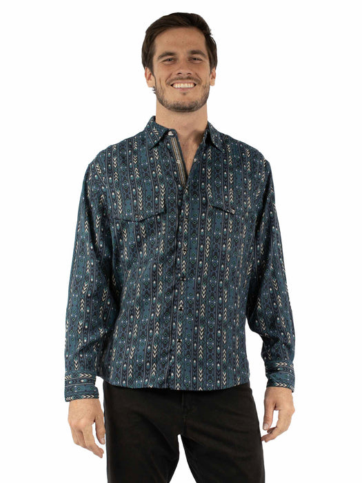 Scully Mens Weaved Aztec Stripe Blue 100% Cotton L/S Shirt