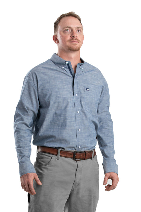 Berne Mens Chambray Blue Cotton Blend Foreman Flex Chambray Button Down Shirt L/S