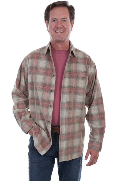 Scully Mens Stone/Red 100% Cotton Cord Plaid L/S Shirt