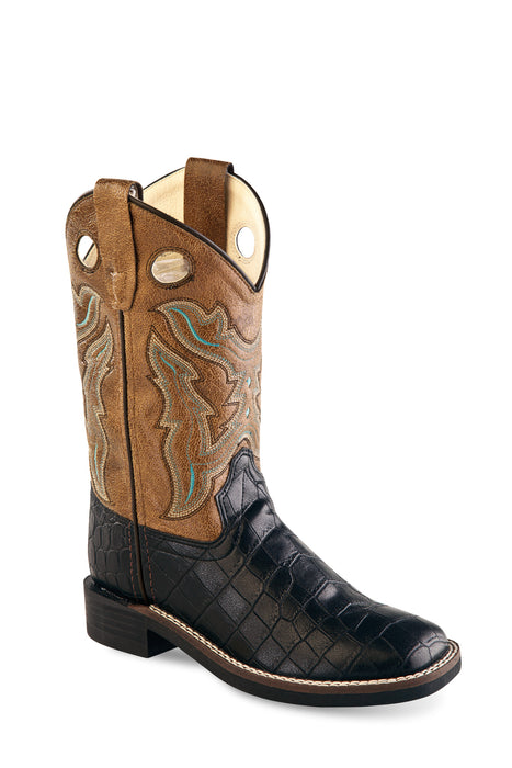 Old West Black/Tan Kids Boys Faux Leather Croc Cowboy Boots