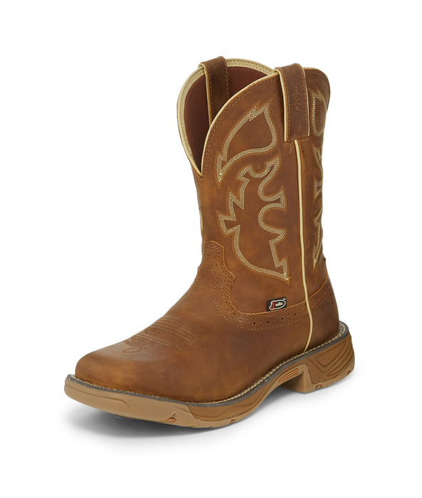 Justin 11in WP EH Mens Rustic Tan Stampede Rush Leather Work Boots