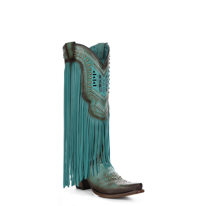 Corral Womens Crystal Embroidery Fringe Snip Turquoise Lamb 14in Cowboy Boots